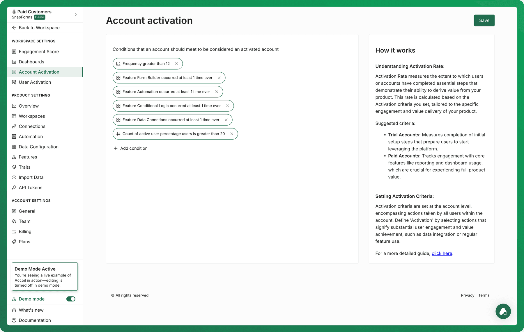 Account activation settings in a workspace