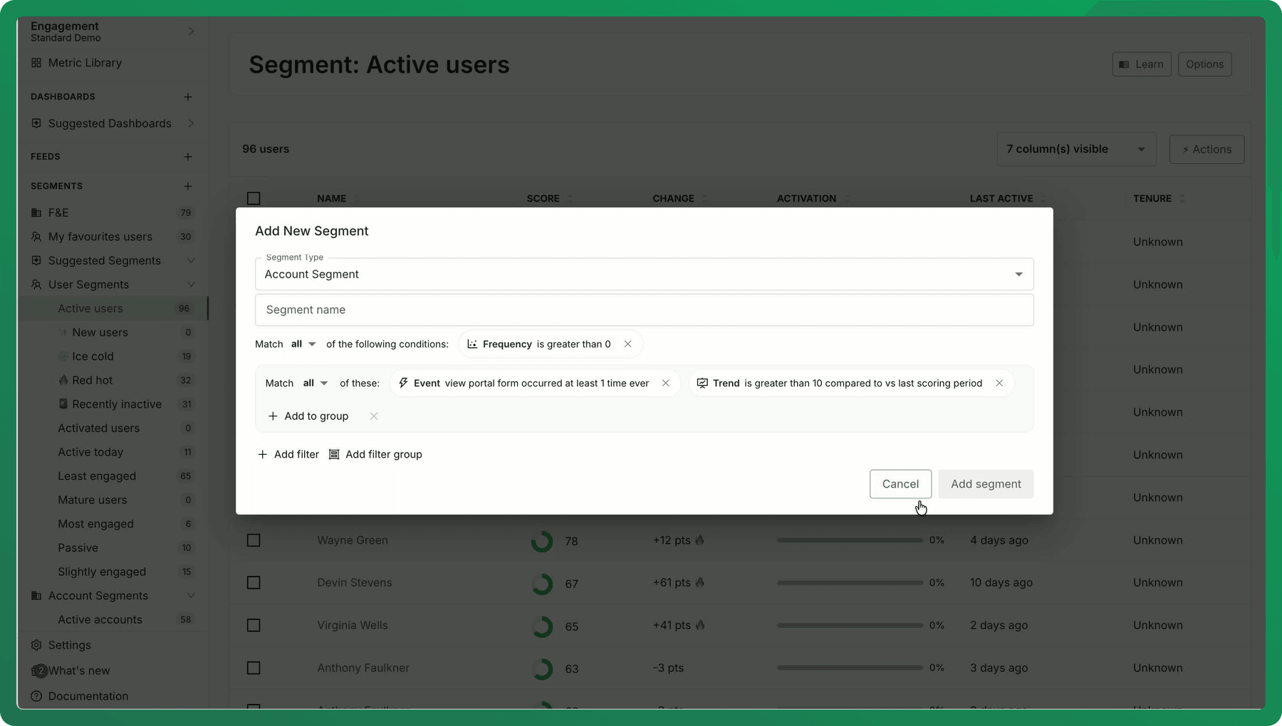Duplicating a segment from its Options menu