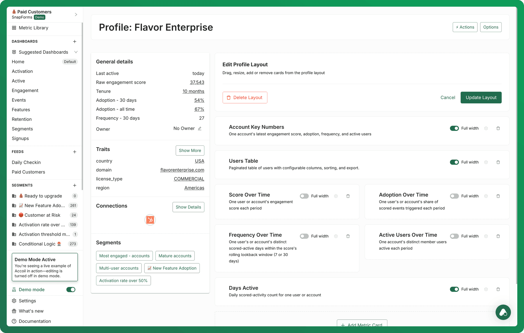 An account profile layout in Accoil