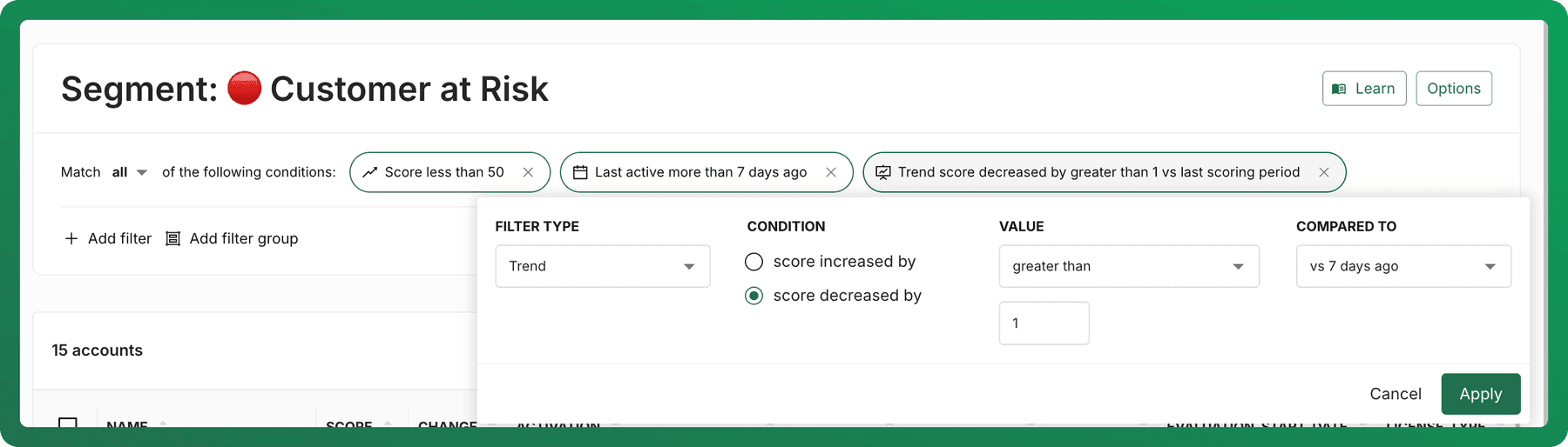 A segment with live changes to its filters