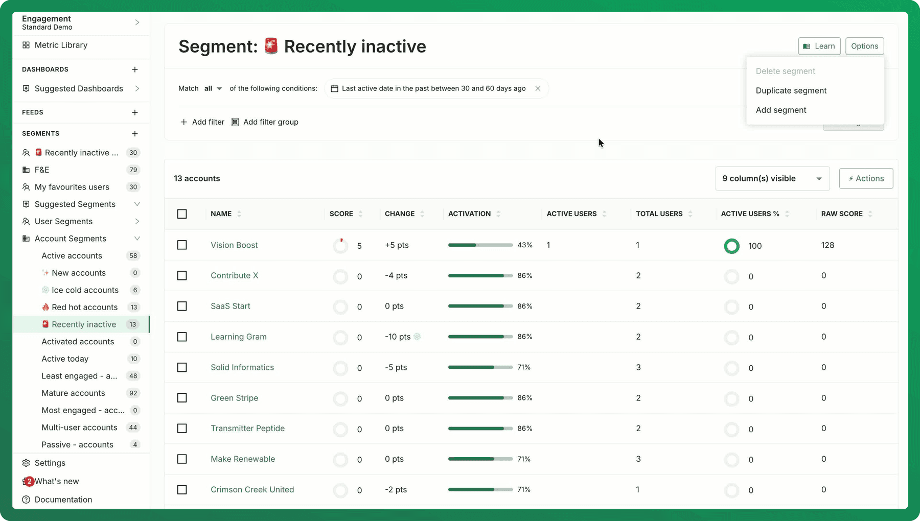 Choosing visible columns for a segment
