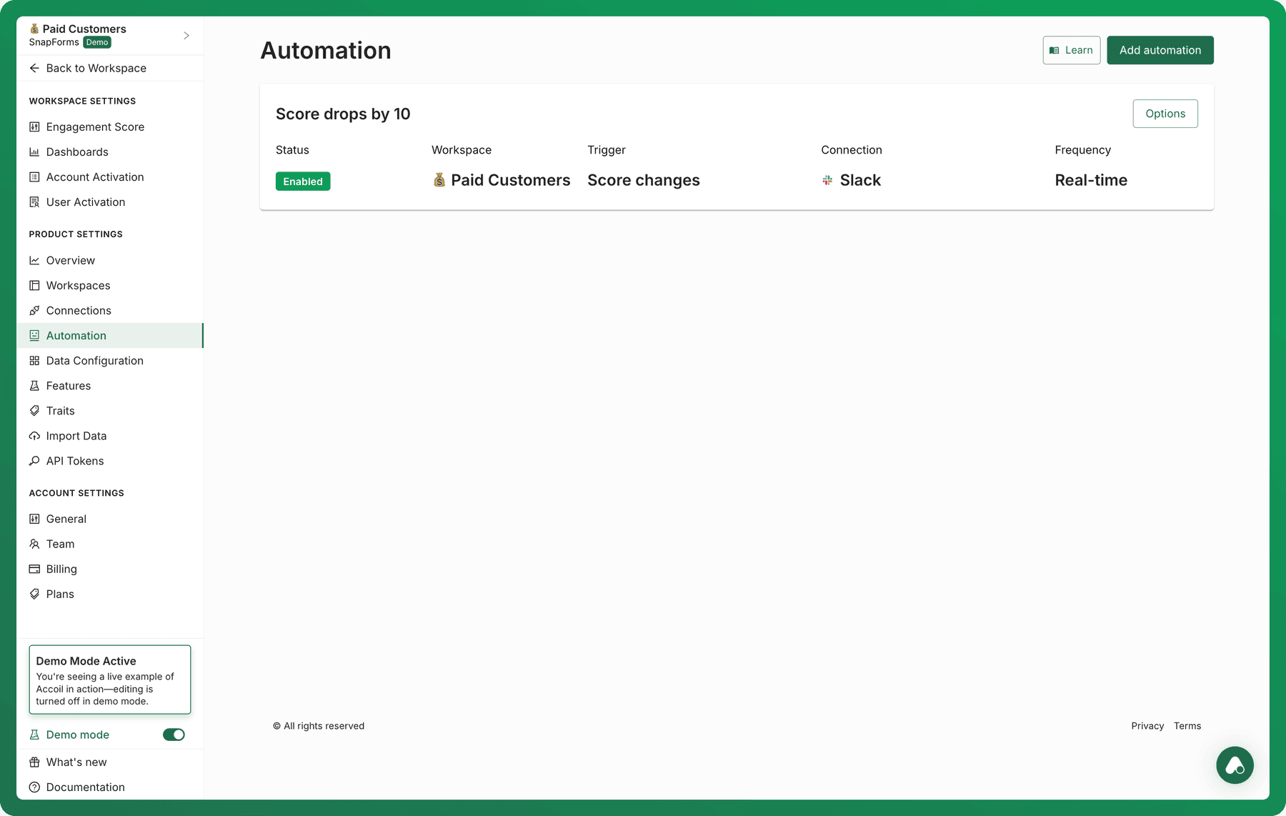 The Automation list in Product settings