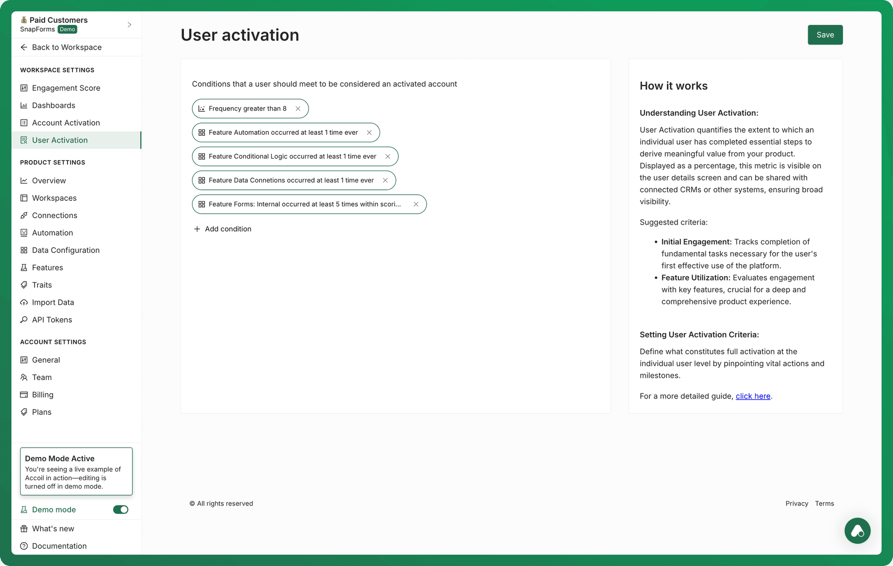 User activation conditions