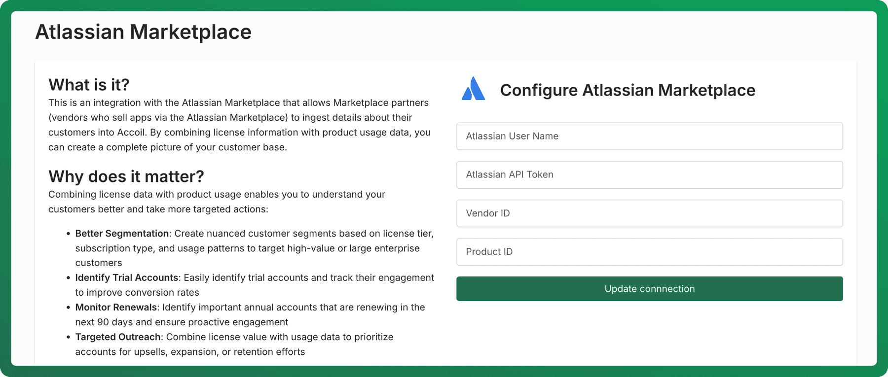 Atlassian Marketplace connection form in Accoil