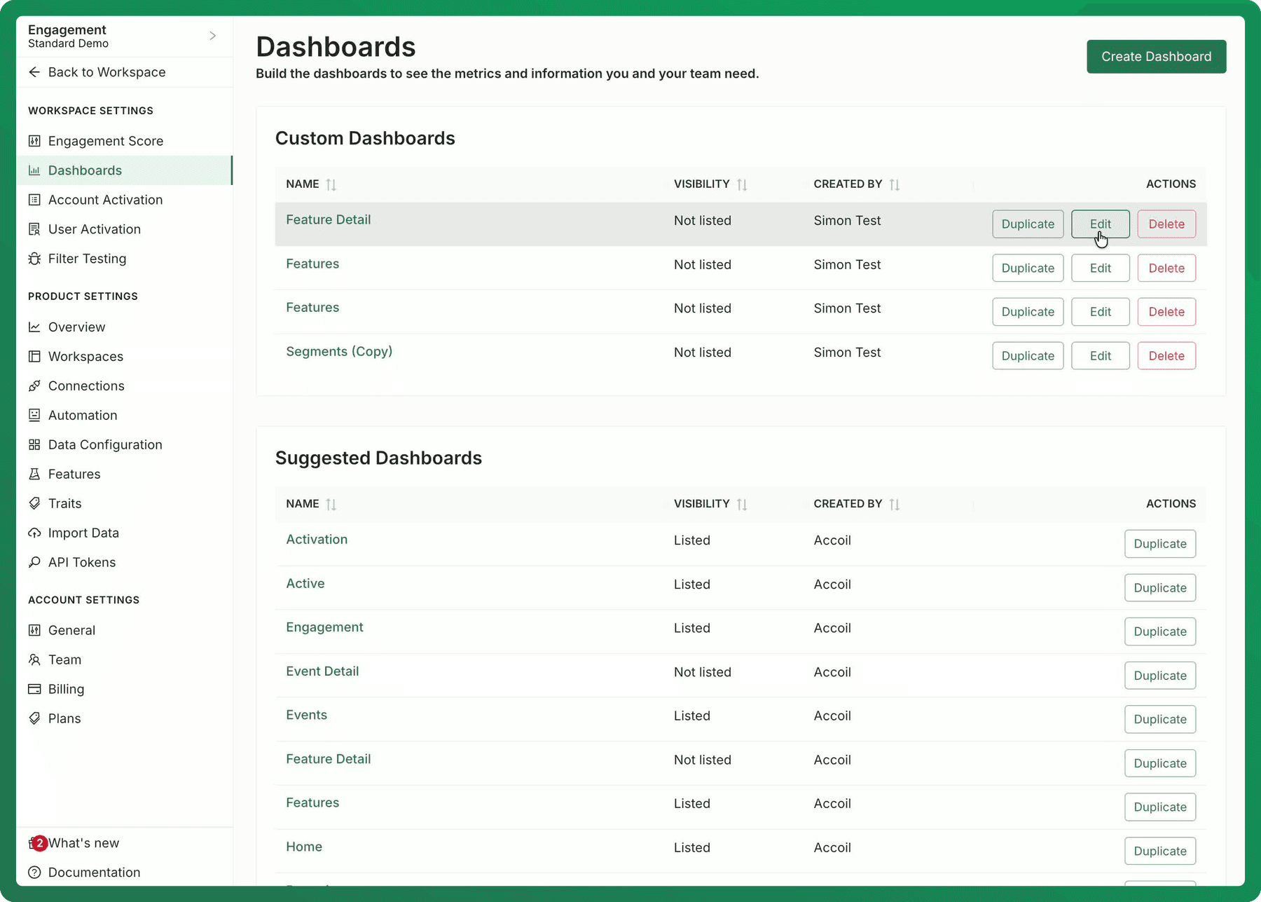Dashboard settings for name, listing, and feeds