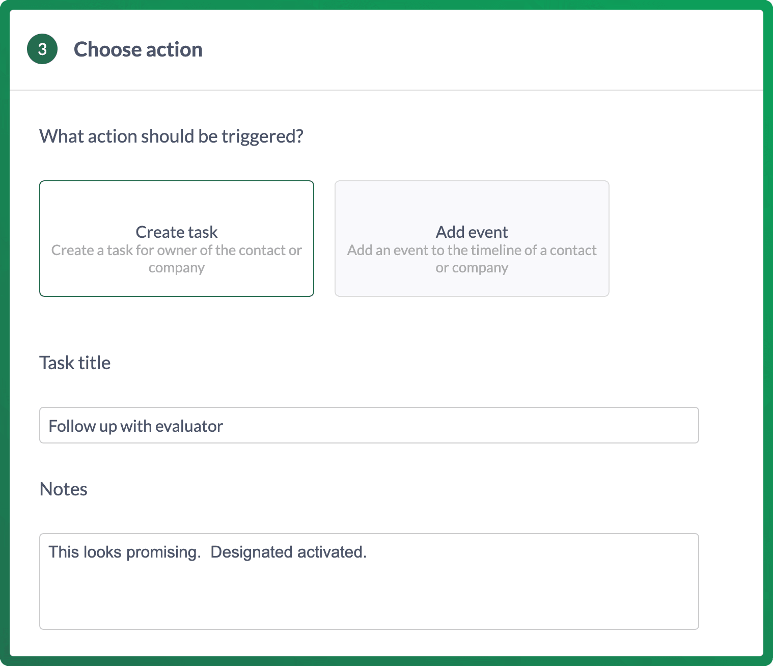 Choose Action: Enter the Task Title and add any Notes you want to add to the task
